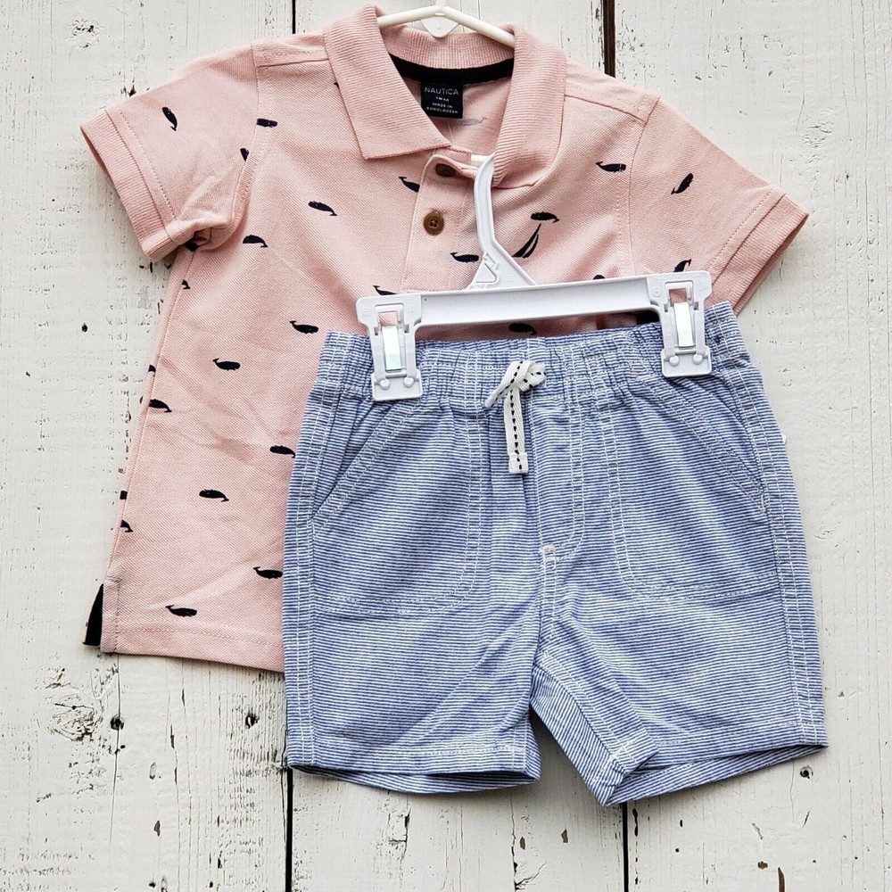 Nautica Boys Shorts & Polo Shirt 2pc Set Pink Blue Whale Stripes SZ 18M NEW